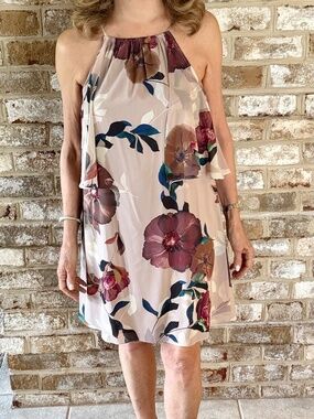 Trina Turk Silk Floral Halter Overlay Dress